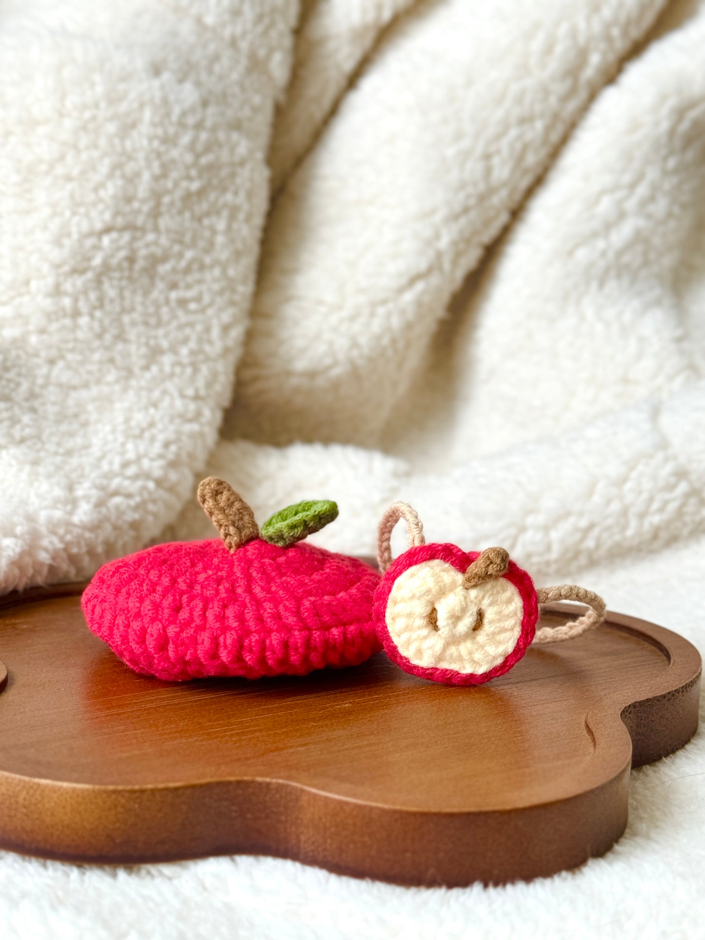 Handmade crochet apple hat and apple slice bag set for Jellycat plush