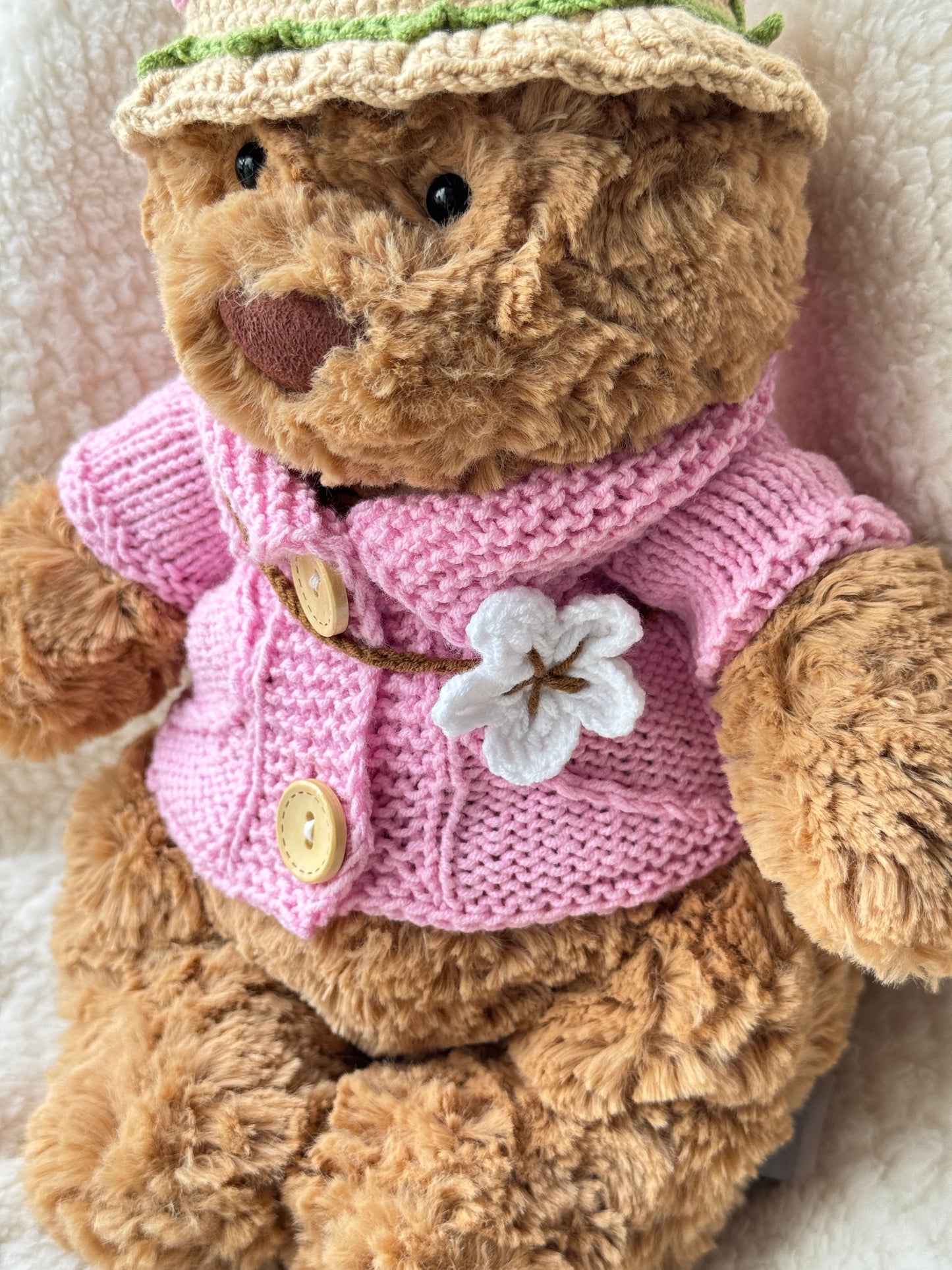 Spring Blossom Crochet Outfit Pink Set for Jellycat Bart Bear – Hat & Floral Accessory