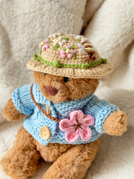 Spring Blossom Crochet Outfit Set for Jellycat Bart Bear – Hat & Floral Accessory