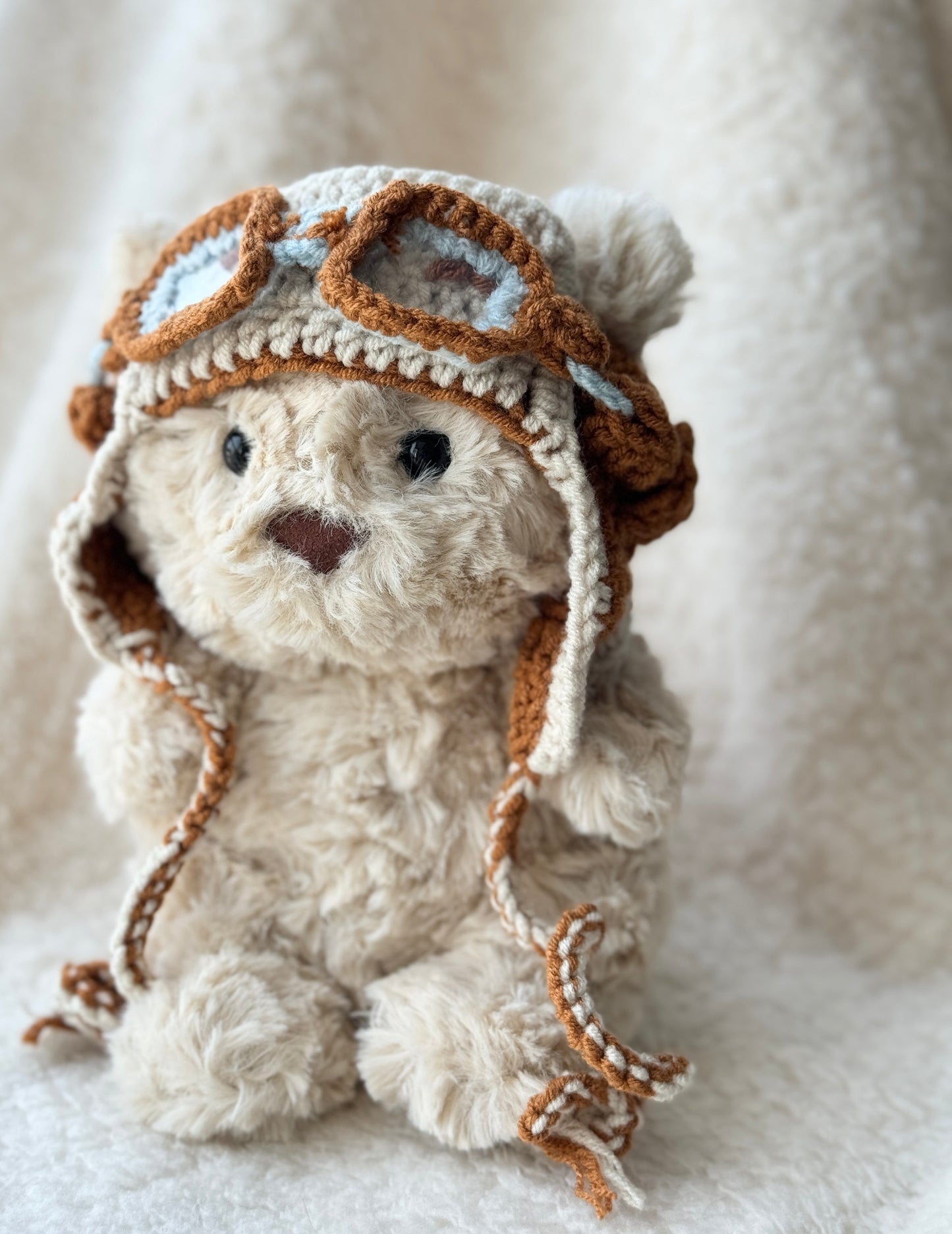 Vintage Pilot Bonnet with Goggles | Handmade Crochet Aviator Hat for Jellycat Bart Junior Bear