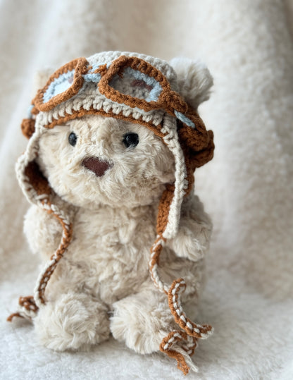 Vintage Pilot Bonnet with Goggles | Handmade Crochet Aviator Hat for Jellycat Bart Junior Bear
