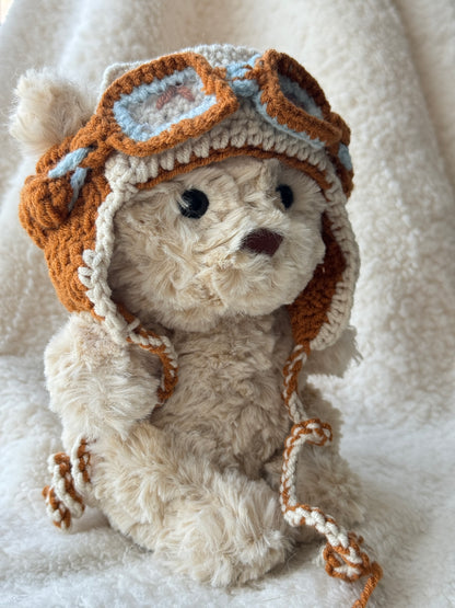 Vintage Pilot Bonnet with Goggles | Handmade Crochet Aviator Hat for Jellycat Bart Junior Bear