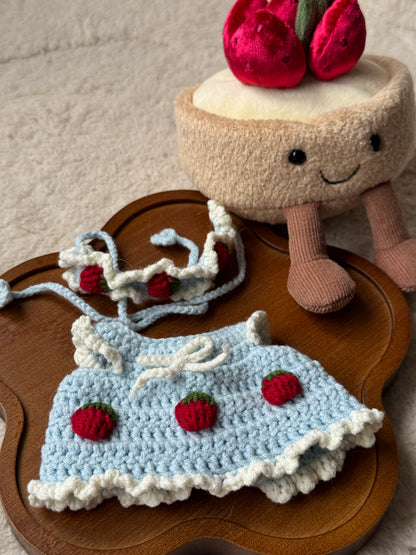 Crochet Strawberry Dress & Headband for Jellycat Yummy Mouse – Cute Cottagecore Outfit
