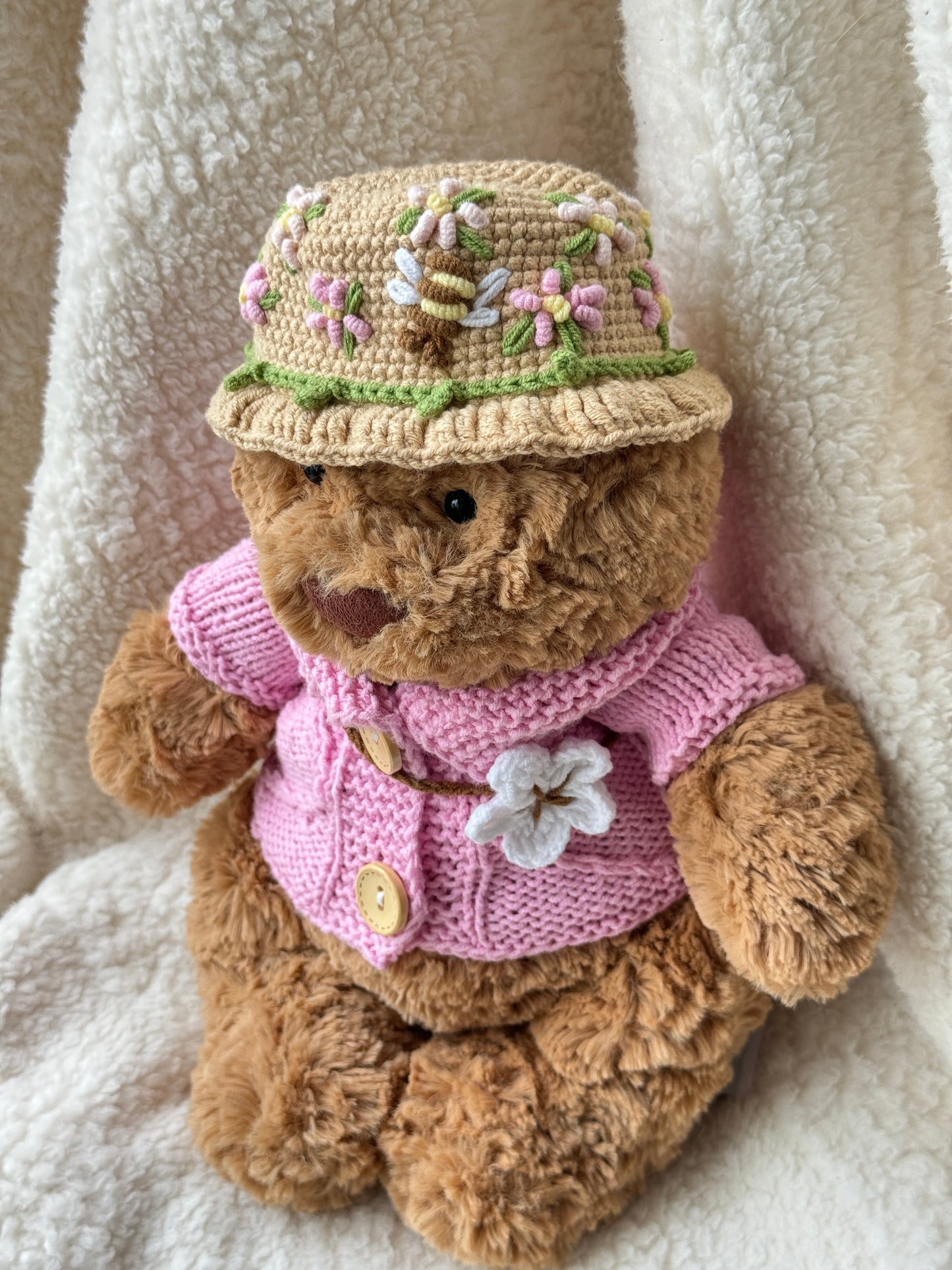 Spring Blossom Crochet Outfit Pink Set for Jellycat Bart Bear – Hat & Floral Accessory