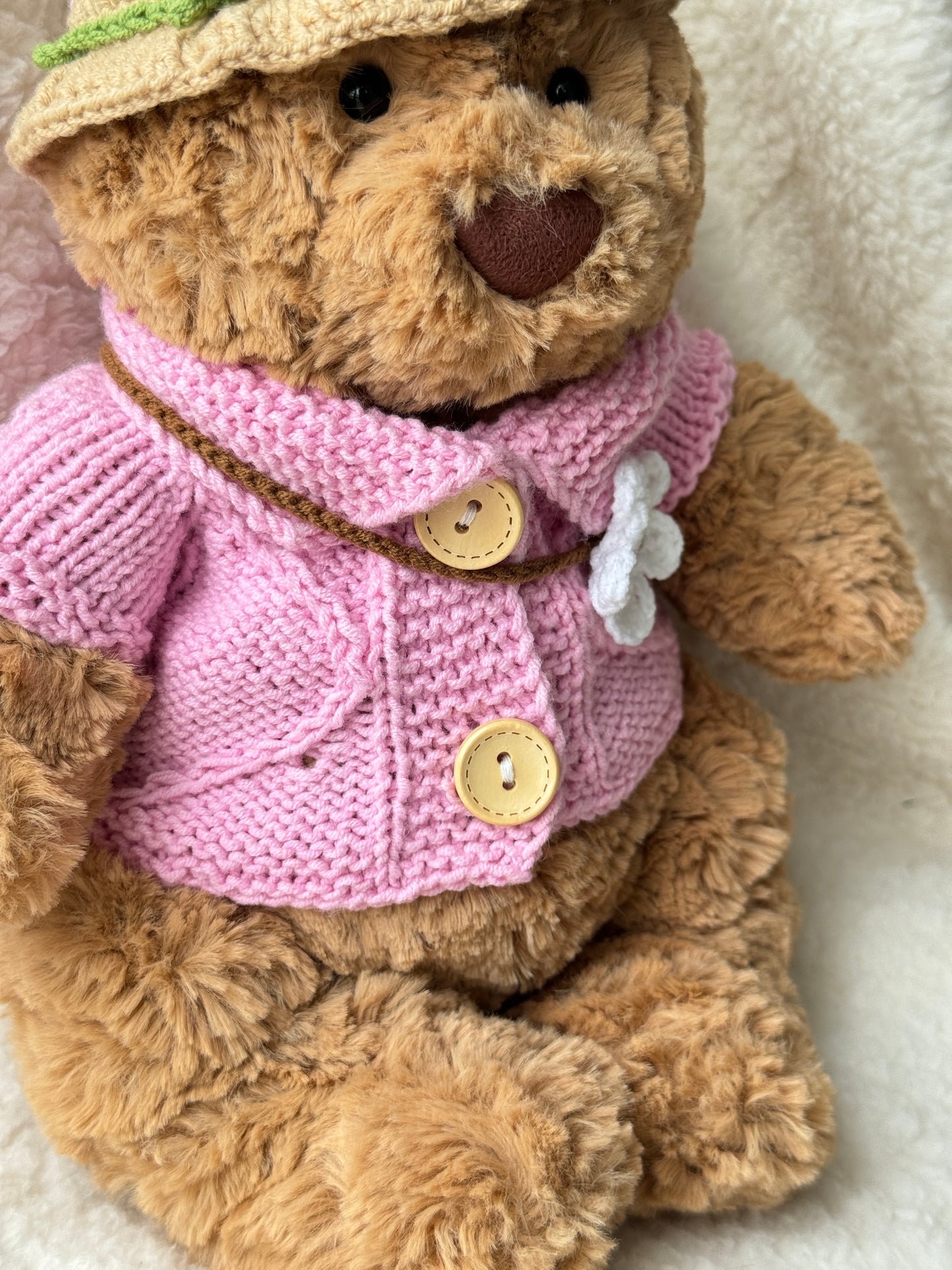 Spring Blossom Crochet Outfit Pink Set for Jellycat Bart Bear – Hat & Floral Accessory
